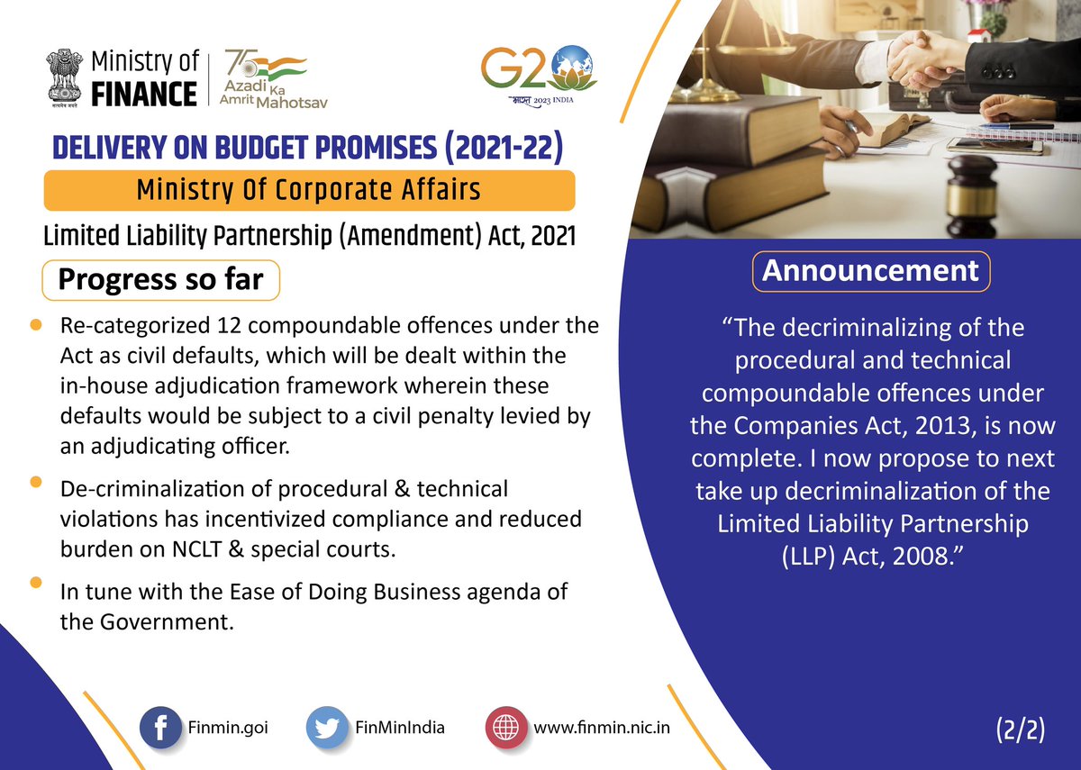 The LLP (Amendment) Act, 2021 facilitates Ease-of-Doing Business and encourage startups across the country with De-Criminalisation of Offences, In-House Adjudication Mechanism and introduction of Small LLPs.

#PromisesDelivered