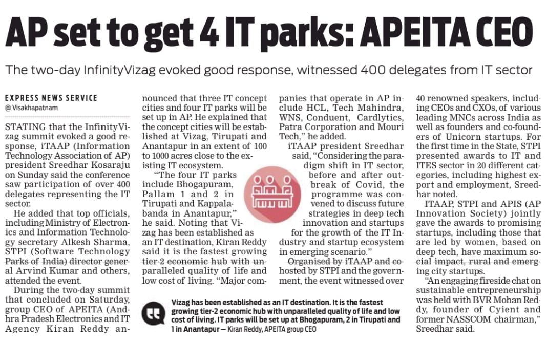 AP set to get 4 IT Parks ✅

Bhogapuram - 1
Tirupati - 2
Anantapur - 1

- Kiran Reddy
APEITA group CEO 

#YSJaganAgain #YSJaganDevelopsAP #CMYSJagan #InfinityVizag2023