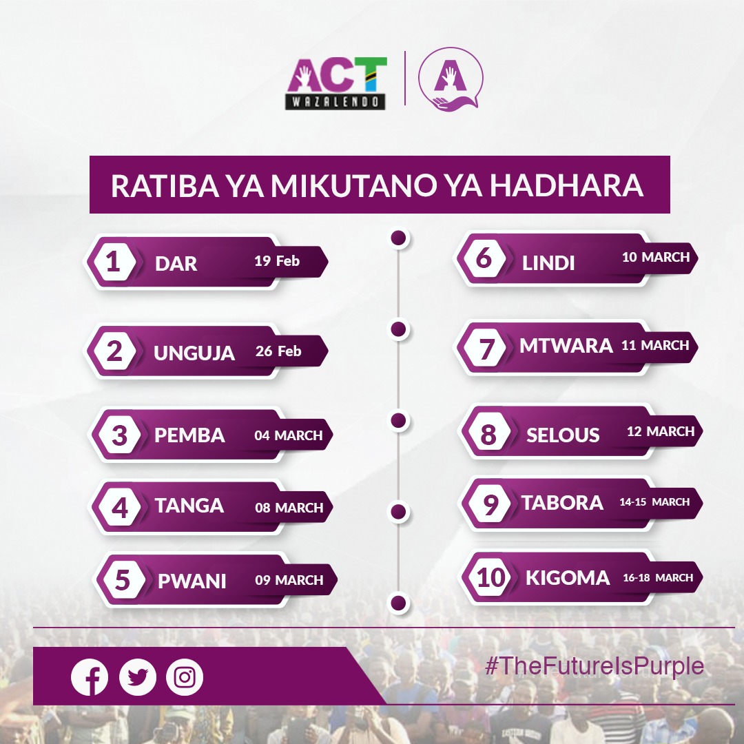 📌 Mikutano ya Hadhara @ACTwazalendo Hatuna woga wa kuungwa mkono na wananchi #TunaanziaDAR

#WeAreTheChange
#WeAreTheFuture
#TheFutureIsPurple