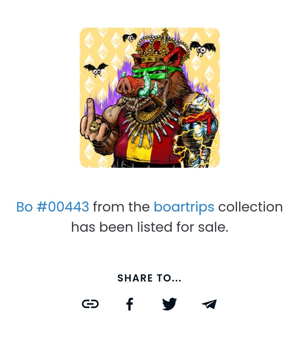 By NFTStrips 🤜🤛 🐗

BOARTRIPS!!! HANDMADE. 
#token - Erc 1155. Quantity max in gallery 10000 units.

👌👌 Let's go!

#NFTs  #nftopensea #NFTspace #shibadoge 🤝
#NFTGiveaway #NFTCommunity #NFTCollection  #OpenSeaNFT #OpenSeaCommunity  #NFTdrop #Ethereum  #NFTGiveaway #Metaverse