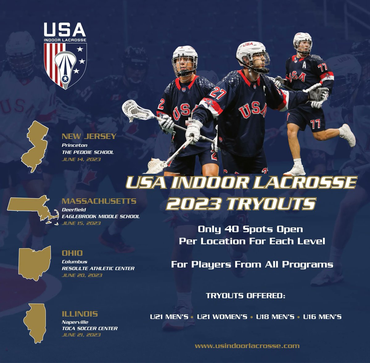 Tryouts for U16, U18 &amp; U21 Men's and U21 Women are now OPEN for registration. Spots will fill up quickly - Click link in bio to sign up NOW!  
Powered by Epoch Lacrosse <a href="/epochlax/">Epoch Lax</a> - US Indoor Lacrosse - Trust the Process - We are One - Go USA !!  
<a href="/epochlax/">Epoch Lax</a> #lacrosse #boxlacrosse