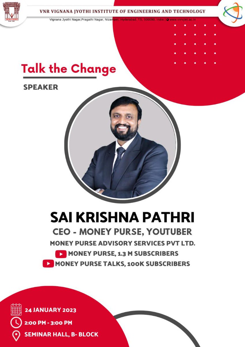 Saipathritalks's tweet photo. Addressing students at @VnrvjietO Convergence 2023. See you all there 🤝 

 #pep #vnr #vnrvignanajyothi #vnrvignanjyothiengineeringcollege https://t.co/HeJ282bf22