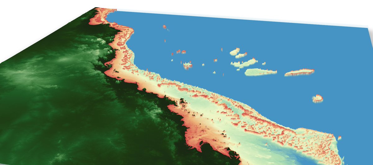 EdSacre's tweet image. The Great Barrier Reef with #rayshader in #rstats. How magnificent. The GBR is in danger from mass coral bleaching, which has occurred in 1998, 2002, 2016, 2017, 2020 and 2022. In 2022, mass bleaching occurred for the first time in La Niña conditions.