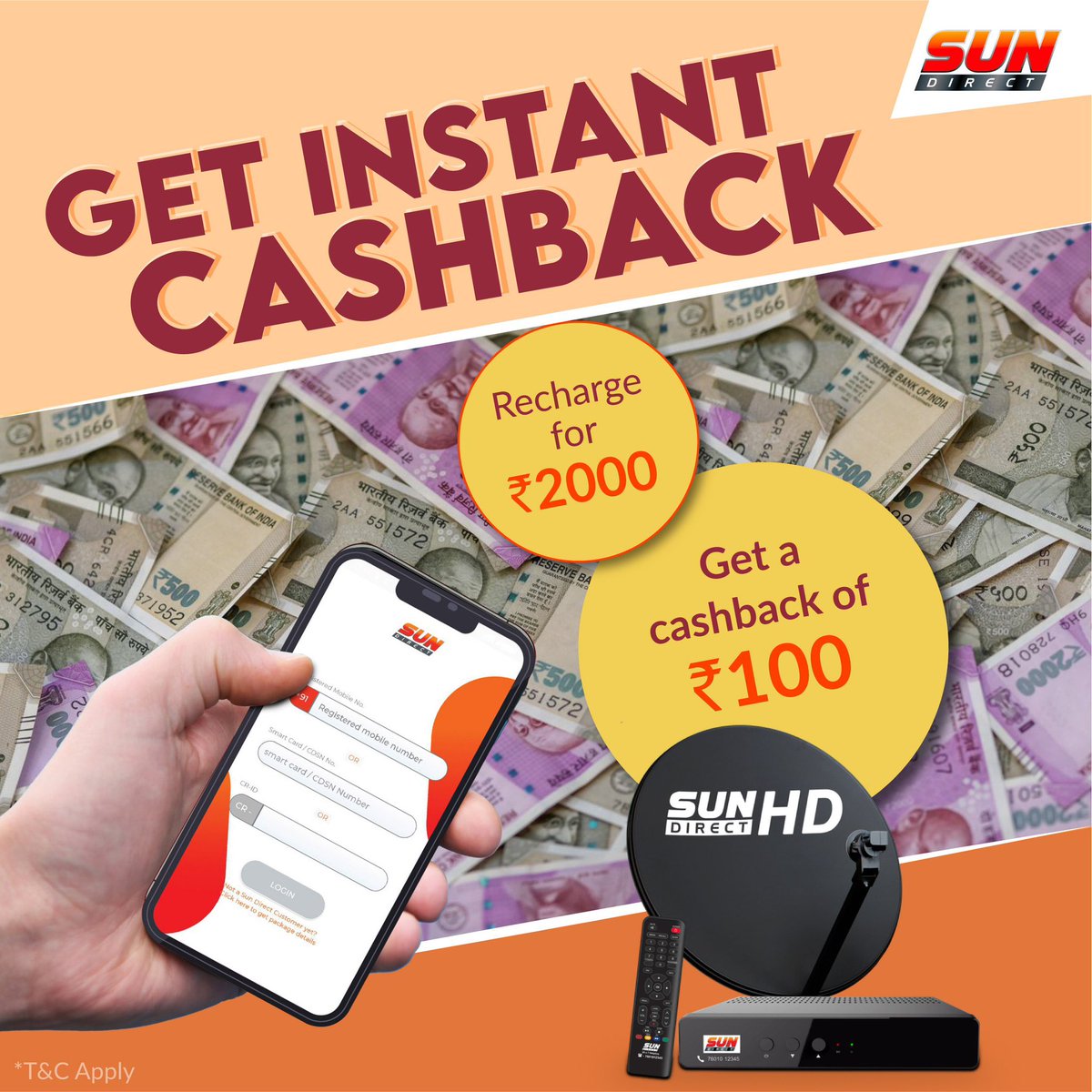 SUNDIRECTIndia's tweet photo. We have a recharge offer for you. Recharge for Rs.2000 and above through the Sun Direct app and get an instant cashback of Rs.100  

To recharge, visit https://t.co/RTEv87EkTE  
 
#SunDirect #DTHService #cashback https://t.co/Nwgs0CoXLR