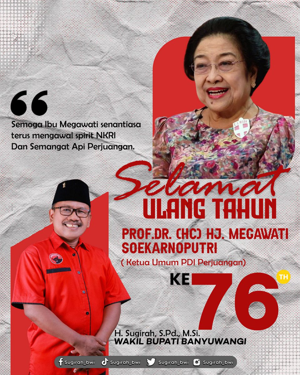 Selamat Ulang Tahun untuk Ibu Prof. Dr. (H.C).H.J Megawati Soekarnoputri yang ke-76 semoga panjang umur, sehat dan bahagia selalu, tetap semangat jaga Bangsa jg dalam memberikan kontribusi yg baik bagi masyarakat jg Negara.