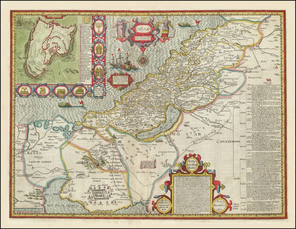 This John Speed map of Canaan (ca. 1611) was intended for use in the King James' Bible. 

Learn more here: raremaps.com/gallery/detail…

#maps #biblemaps