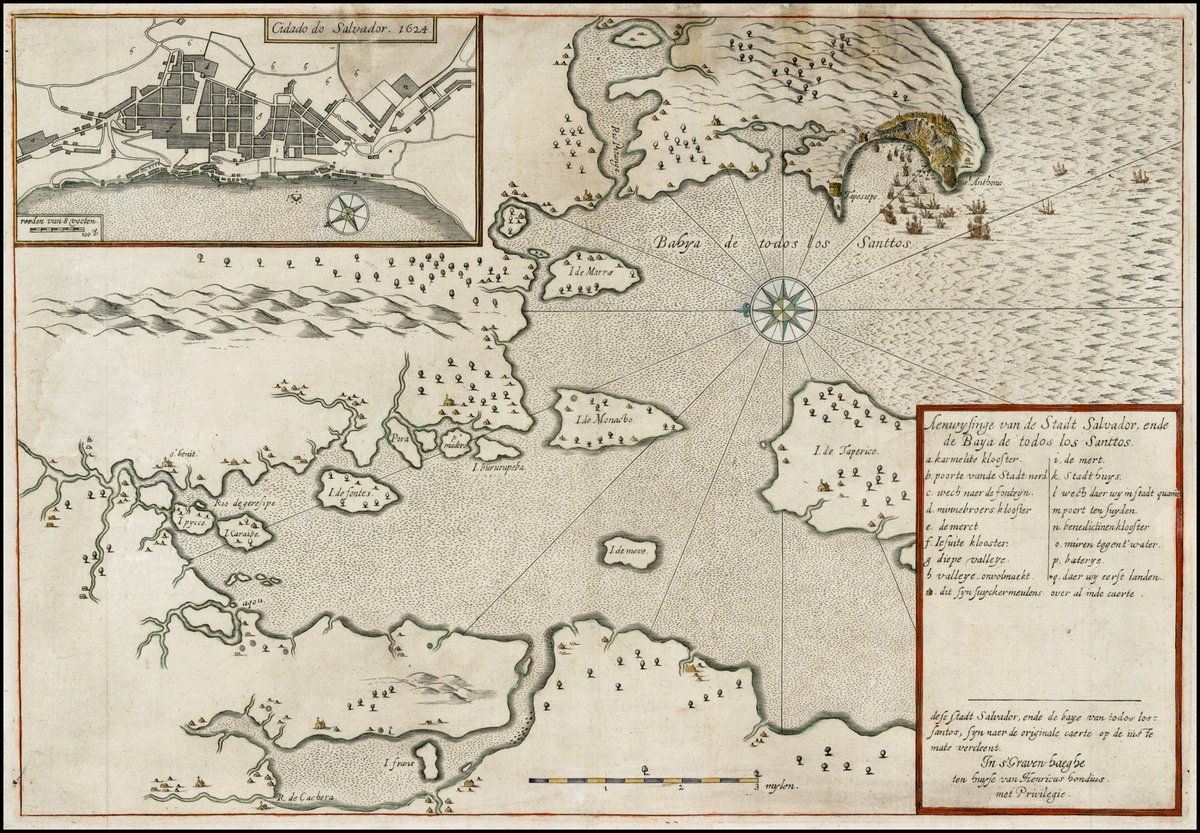 This Hondius map of Bahia de los Todos Santos, Brazil depicts the taking of Salvador by the Dutch in 1624. 

Learn more here: raremaps.com/gallery/detail…

#maps #Brazil