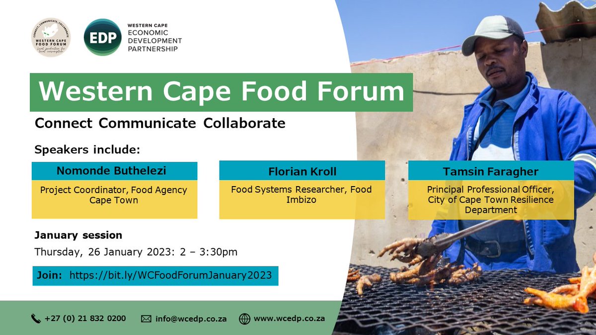 JOIN the Western Cape Food Forum’s first meeting of 2023, to share learnings and plans for #CollectiveAction towards improved #FoodSecurity in the province and nationally. 
🕘 Thursday, 26 January 2023, 2–3:30pm 
💻 Join: bit.ly/WCFoodForumJan…