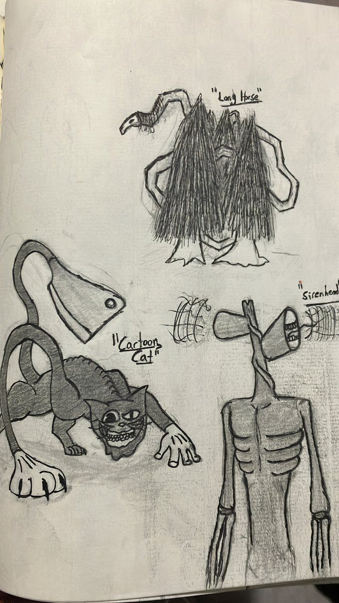 Chozo642's tweet photo. Trevor Henderson Monsters #sirenhead #longhorse #cartooncat #trevorhenderson #art #HorrorArt https://t.co/KUfuyRvL3E