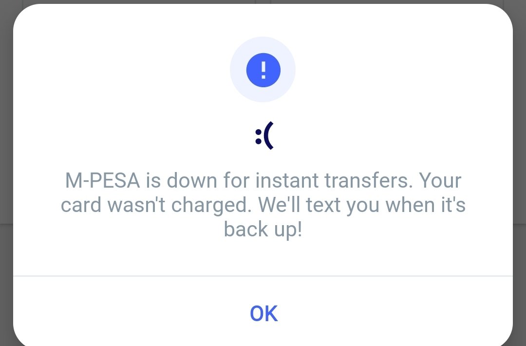 chvinnyk's tweet photo. @sendwaveapp mpesa instant transfer broken today? I am getting no so smiley face all day today. https://t.co/myCV6zC77d