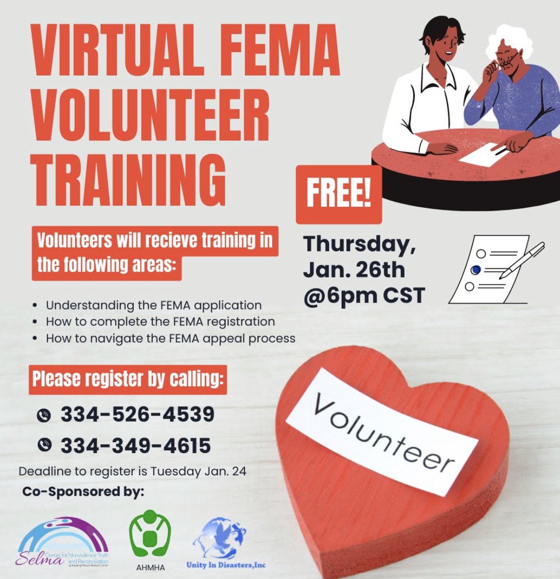 Calling all volunteers! Join this FREE virtual FEMA volunteer training this Thursday, January 26th at 6pm CST.
The training will consist of reviewing the FEMA application for registration as well as the appeal process. Please register by calling 334-526-4539 or 334-349-4615.