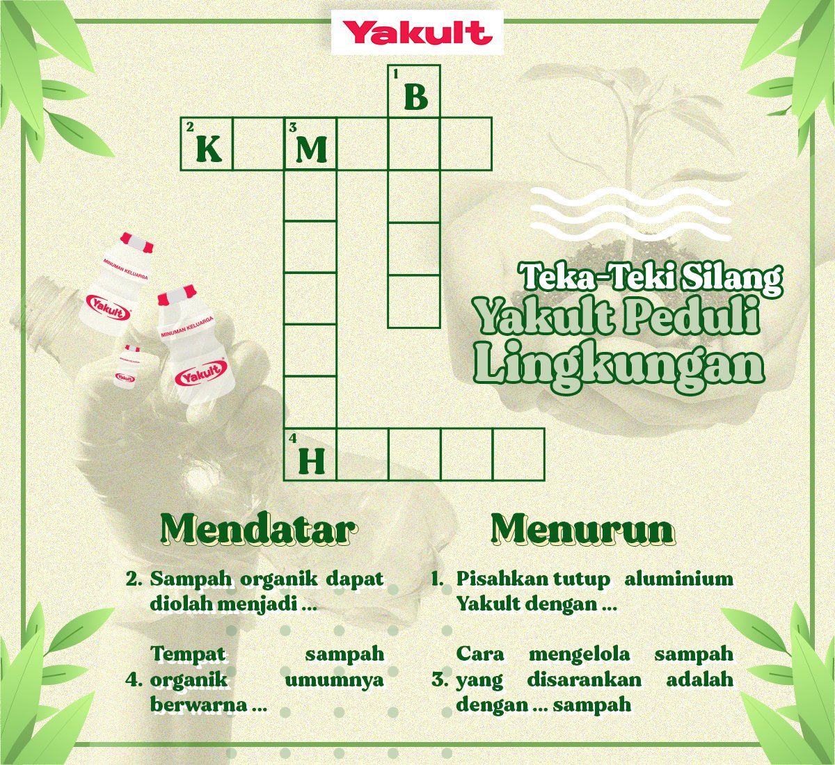 YakultIndonesia's tweet photo. #ChallengeYakult kembali lagi! Kita main teka-teki silang lagi yuk. Apakah Yakult Family bisa menebak semua jawabannya? Share jawabannya melalui reply ya!

#YakultIndonesia #YakultPeduliLingkungan https://t.co/soRgMy9j8K