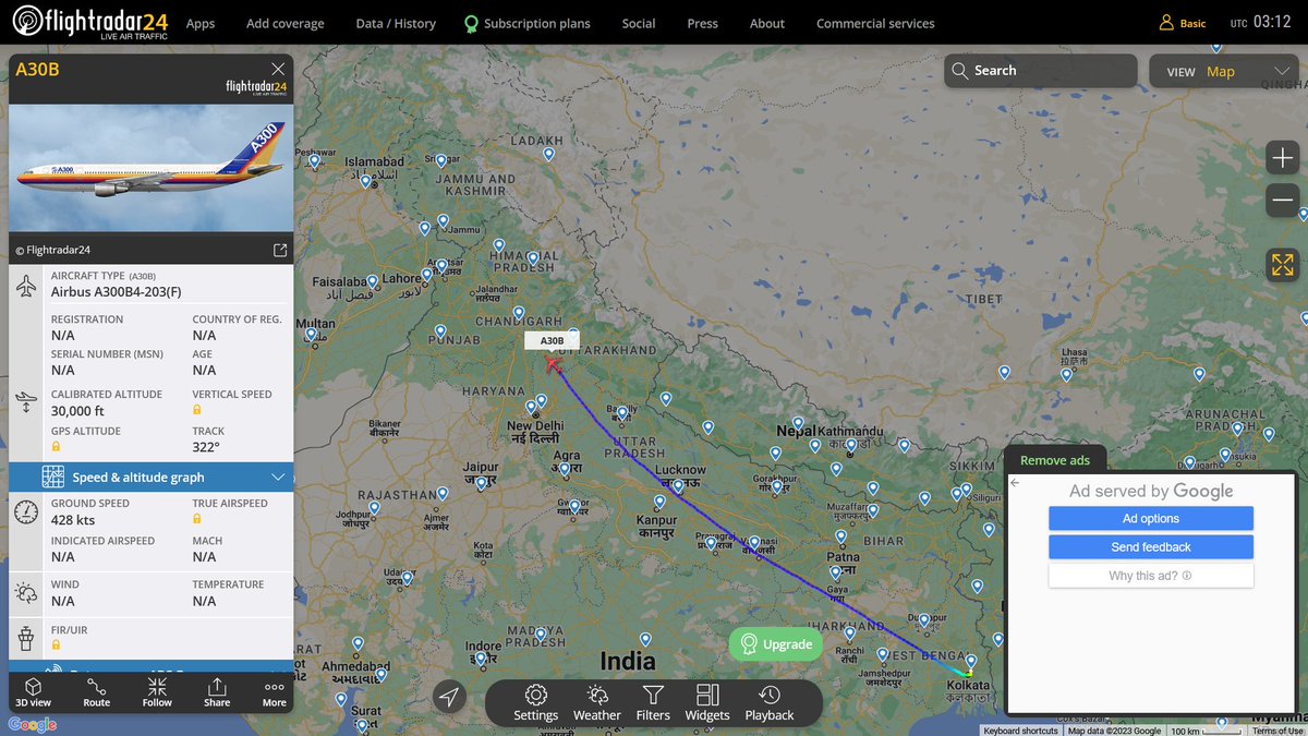 IAFSpotter's tweet photo. Ghost fleet pop up in #India now, #Kyrgyzstan Registered #Moalem Aviation #Airbus #A300 off from Kolkata Airport and heading to north, Departed from #Kolkata airport cargo side 

#EX30003 #6010EE https://t.co/phfFL7kV1f