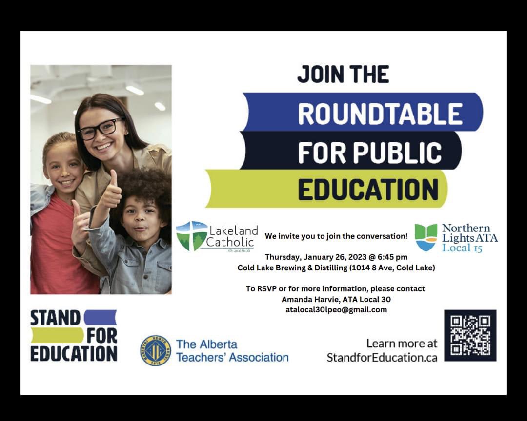 There is still time to RSVP for the roundtable discussions happening this Thursday in Cold Lake &amp; Bonnyville to share your expectations about the future of Public Education in Alberta. <a href="/NLATA15/">Northern Lights ATA Local #15</a>  <a href="/ATALocal30/">Lakeland Local 30</a> 

Can't attend? Share your ideas on standforeducation.ca