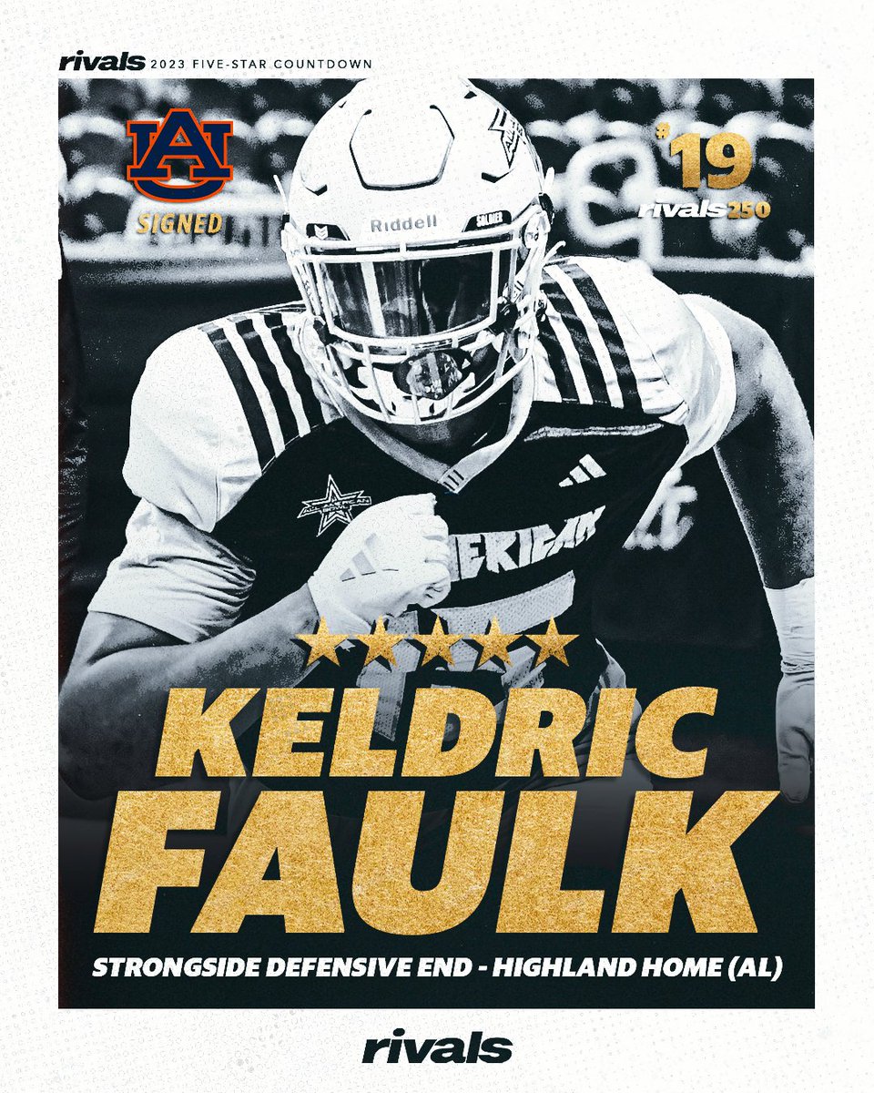FINAL 🌟🌟🌟🌟🌟 COUNTDOWN

At No. 19 is Auburn DE signee and new five-star Keldric Faulk <a href="/FaulkKeldric/">keldric faulk</a>

“He has the physical makeup, the length and then the speed and power to be a complete force off the edge” 

See the list of updating five-stars here: 

n.rivals.com/news/rivals-ra…