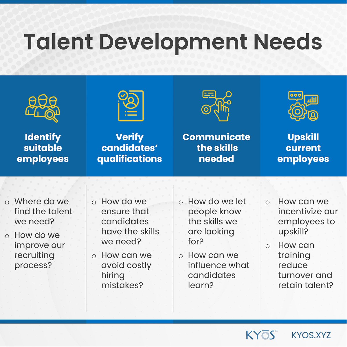 KyosWeb3's tweet photo. Working to maximize employee value? 

Take steps to identify, recruit, develop and retain employees with the right skills needed to compete in today's markets.

At KYOS, we aim to help employers access potential employees whose skills are aligned with their needs. https://t.co/jYCtHHfV6u