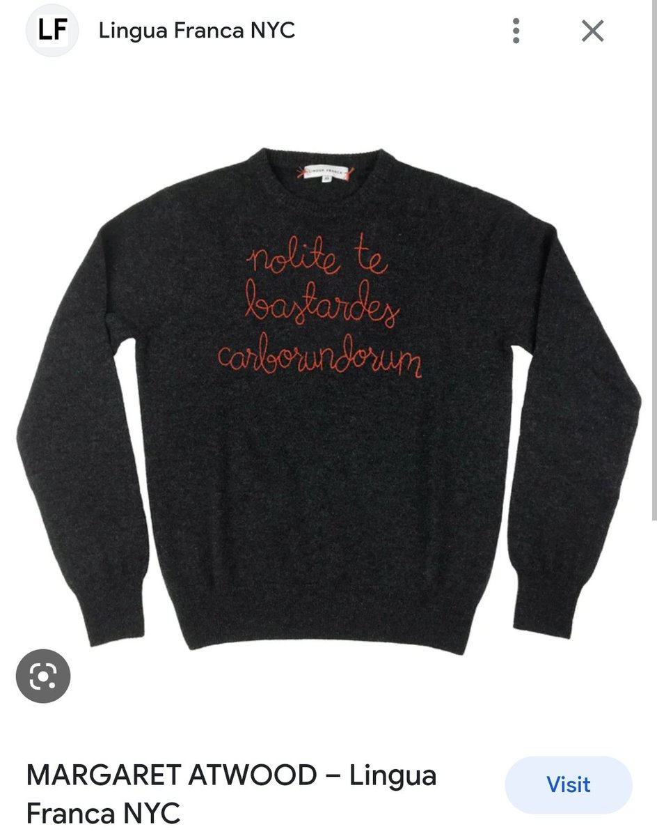 Meghan's sartorical messaging is always on point ....here she is wearing @linguafrancanyc 's Margaret Atwood collection with the phrase 'nolite te bastardes carborundorum' that is 'Don't let the bastards grind you down' #HarryAndMeghanNetfix