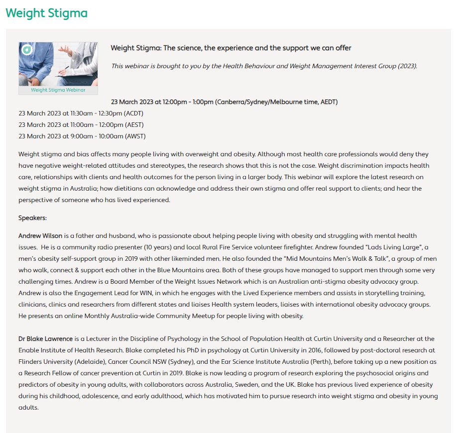 <a href="/dietitiansaus/">Dietitians Australia</a> event on the topic "Weight Stigma: The science, the experience and the support we can offer" Register now via the link (23 March at 12:00-1:00pm AEDT) <a href="/sallybadorrek/">Sally Badorrek</a> <a href="/JoAaron7/">Joanna Aaron</a> <a href="/HibaJebeile/">Hiba Jebeile</a> <a href="/sallybgriffin/">Sally Griffin</a> 
member.dietitiansaustralia.org.au/Portal/Events/…