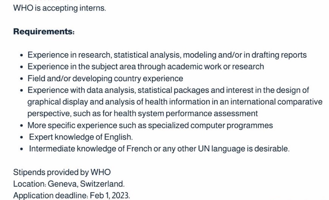 Global Health Observ (@globalphobserv) on Twitter photo .<a href="/WHO/">World Health Organization (WHO)</a> is hiring an intern (students and recent graduates) for Epidemic and Pandemic Preparedness and Prevention in Geneva, Switzerland for a 12-week duration - June-August 2023.
careers.who.int/careersection/… .<a href="/WHO/">World Health Organization (WHO)</a> is hiring an intern (students and recent graduates) for Epidemic and Pandemic Preparedness and Prevention in Geneva, Switzerland for a 12-week duration - June-August 2023.
careers.who.int/careersection/…