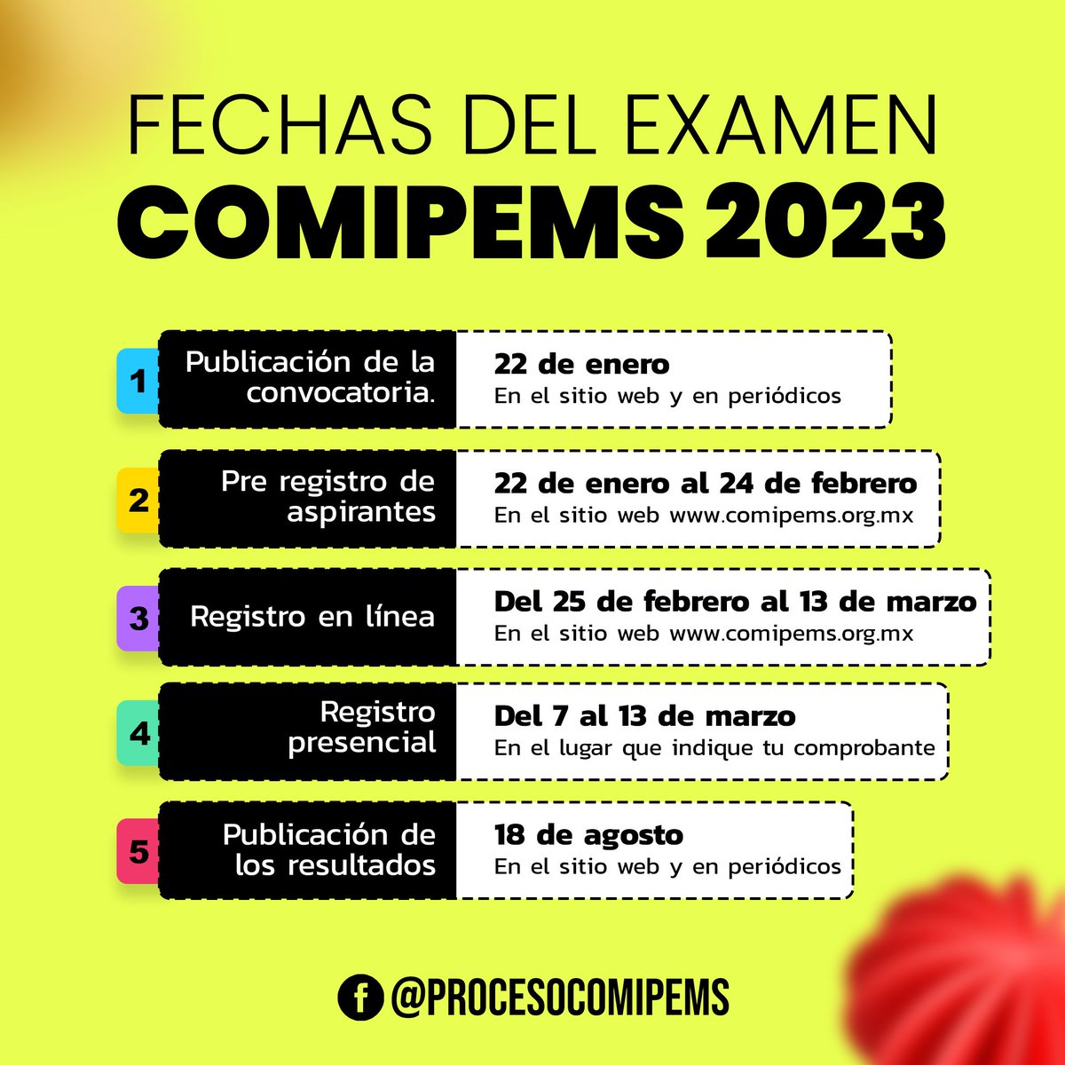 COMIPEMSOFICIAL's tweet image. ¡Que no se te pase!
Fechas oficiales de cada una de las etapas del proceso COMIPEMS 2023.