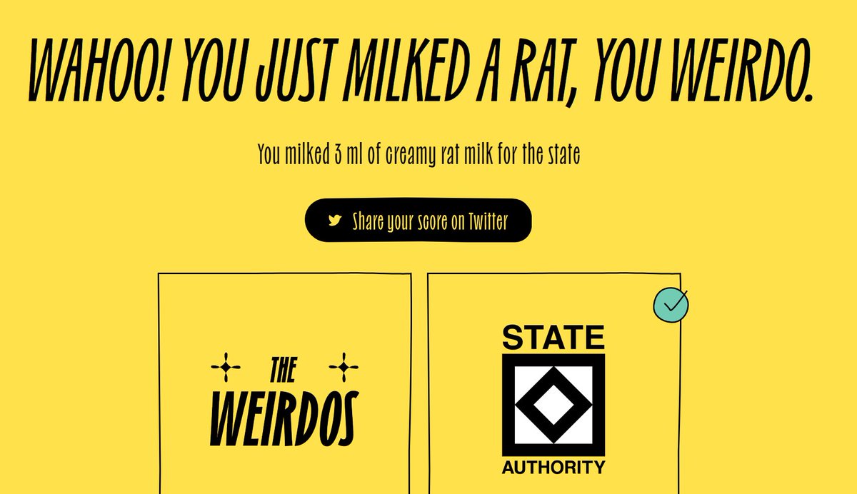 JJ30221029's tweet photo. I just played the #MilkDatRat game on @TheWeirdosNFT website and earned 3 ml of Rat Milk. Think you can beat that? https://t.co/APmcmQSkx3 https://t.co/TklszLCuBY