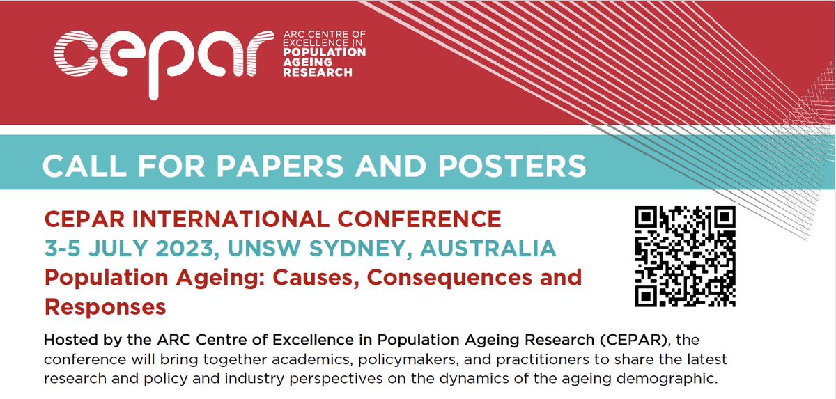 Reminder: CEPAR invites submissions on population ageing research for the CEPAR International Conference, 3-5 July 2023, UNSW Sydney/Australia - mailchi.mp/unsw/conferenc…