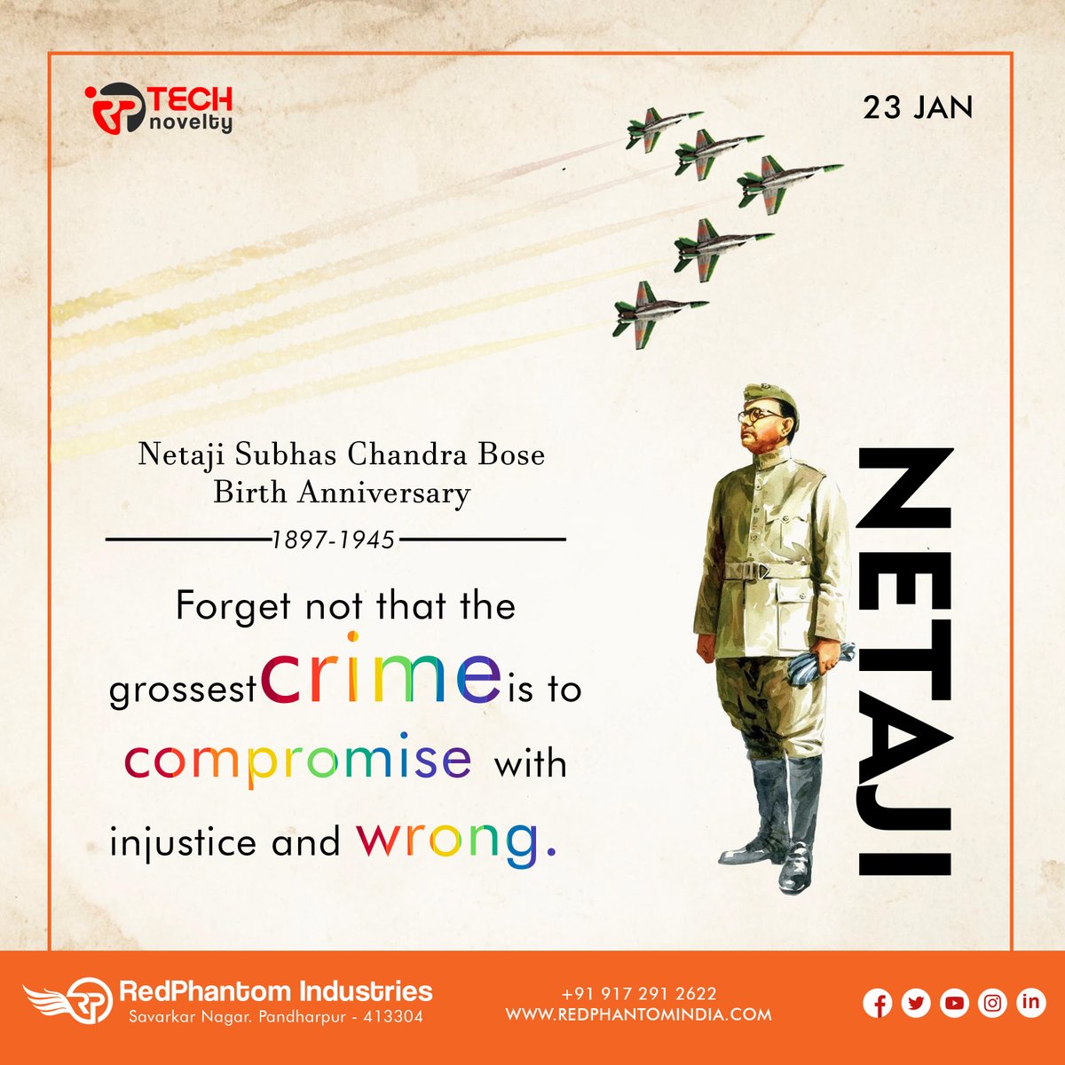 redphantomgroup's tweet photo. In remembrance of Netaji Subhash Chadra Bose. His words, risks and actions continue to inspire and enable us all to 💐 

 #redphantomgroup #rptechnovelty #growth #business #NetajiSubhashChandraBose #Netaji #NetajiJayanti #india #freedom #freedomfighter https://t.co/i4mbREc34p