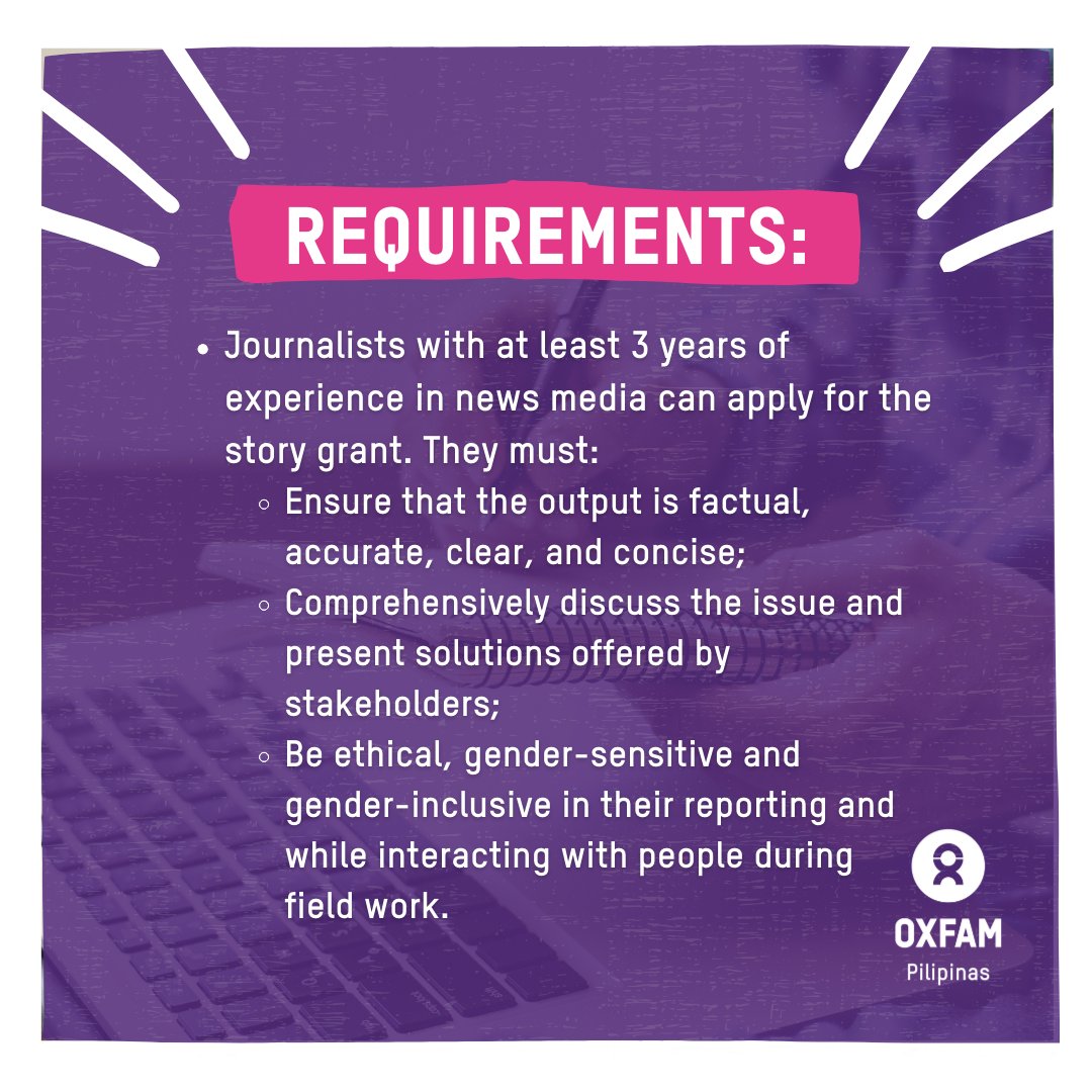 oxfamph's tweet photo. 📣 Calling all Filipino journalists who are interested in writing about gender issues. 🖊️👩🏻‍💻

Oxfam Pilipinas is offering story grants for articles that tackle the following topics 👇

More details: https://t.co/j1j3qbE9TV

#PatasNaBukas https://t.co/BbXc2CHMsZ
