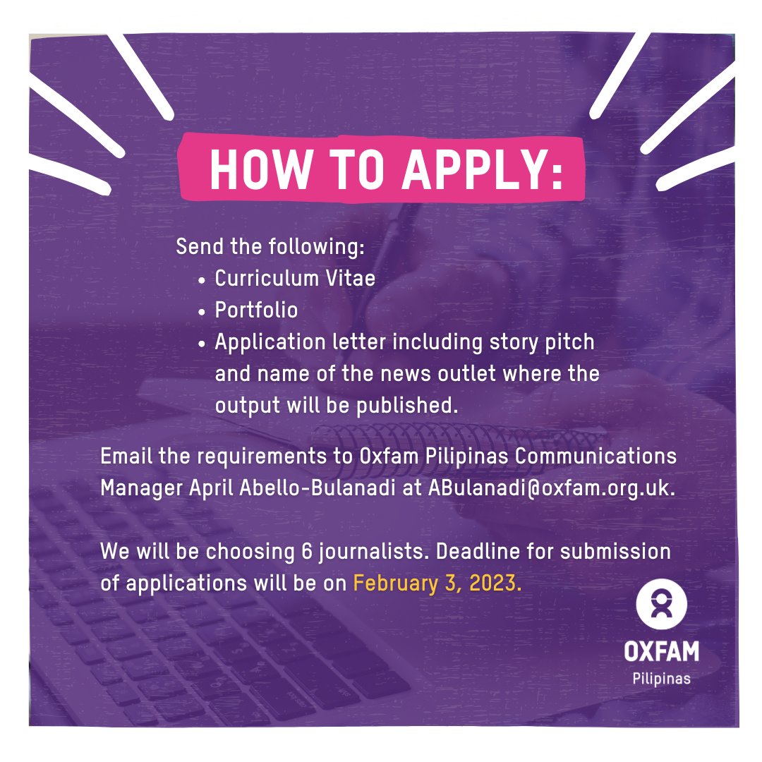 oxfamph's tweet photo. 📣 Calling all Filipino journalists who are interested in writing about gender issues. 🖊️👩🏻‍💻

Oxfam Pilipinas is offering story grants for articles that tackle the following topics 👇

More details: https://t.co/j1j3qbE9TV

#PatasNaBukas https://t.co/BbXc2CHMsZ