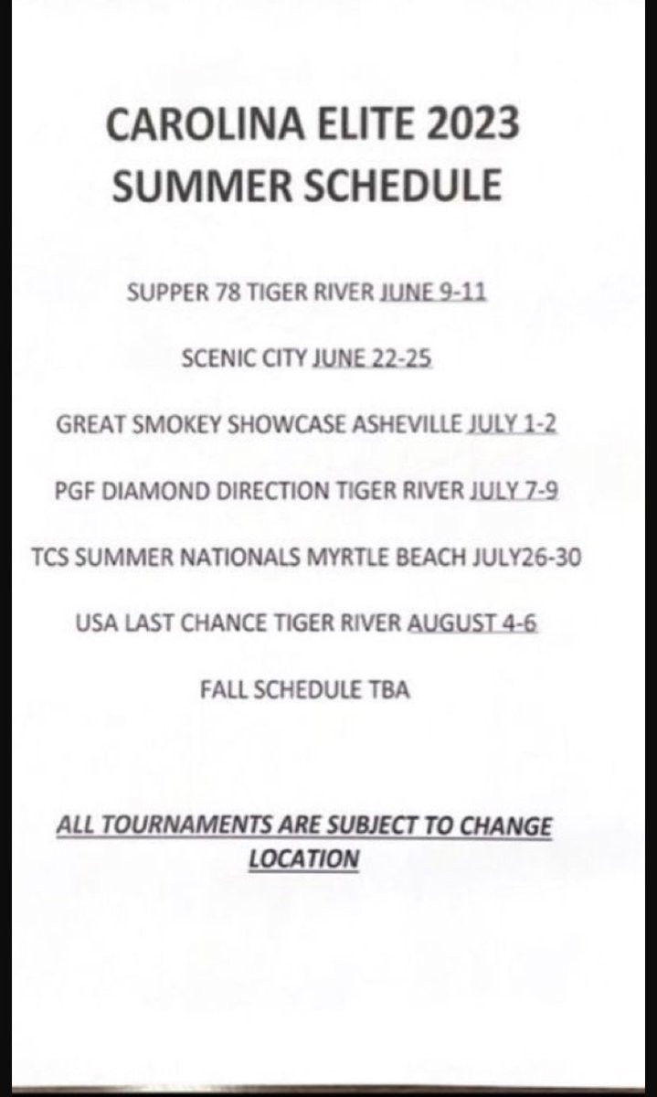 KyleighL2024's tweet photo. Here is our 2023 summer schedule!!! I can’t wait to be back on the field with my @CarolinaEliteCP girls. https://t.co/lzzqLeAVdp