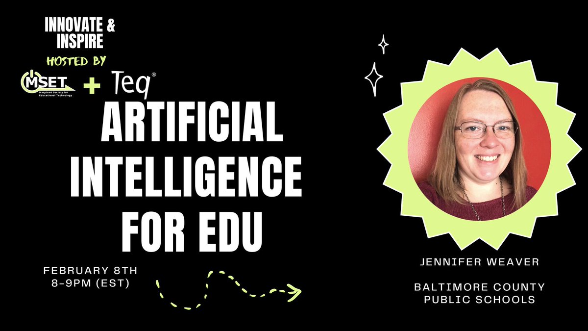 Maryland Society for Educational Technology (@msetonline) on Twitter photo MSET & <a href="/TeqProducts/">TeqProducts</a> are hosting <a href="/Jennzer/">Jennifer Weaver</a> for "AI in Edu" on Feb. 8 at 8-9pm. Register==>msetonline.org/event-5135001 #ArtificialIntelligence #deeplearning #tech MSET & <a href="/TeqProducts/">TeqProducts</a> are hosting <a href="/Jennzer/">Jennifer Weaver</a> for "AI in Edu" on Feb. 8 at 8-9pm. Register==>msetonline.org/event-5135001 #ArtificialIntelligence #deeplearning #tech