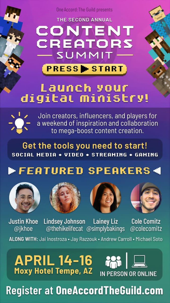 rockyrojas88's tweet photo. #AdventistTwitter Hey Adventist gamers and creatives, check out this years speakers for this years Content Creators Summit. @jkhoe @thehikelifecat @SimplyBakings https://t.co/d4iICnVYJh