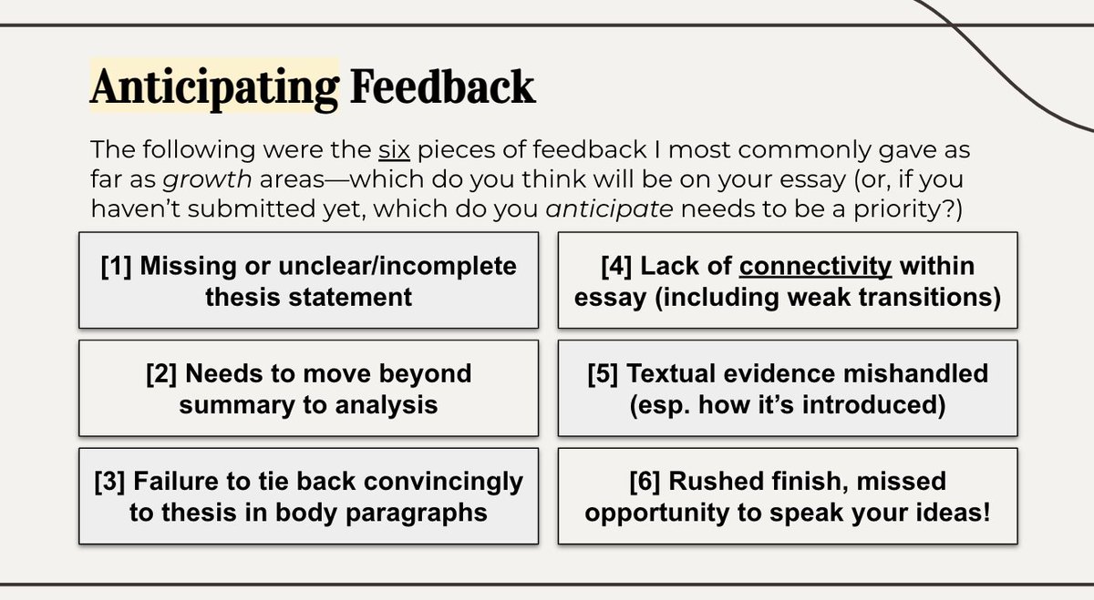Something I'm doing this year before students get their feedback: having them ANTICIPATE what they expect in order to increase engagement in feedback conversation/reflections. 

Has been a major boost so far to the purpose of revision/reflection activities!