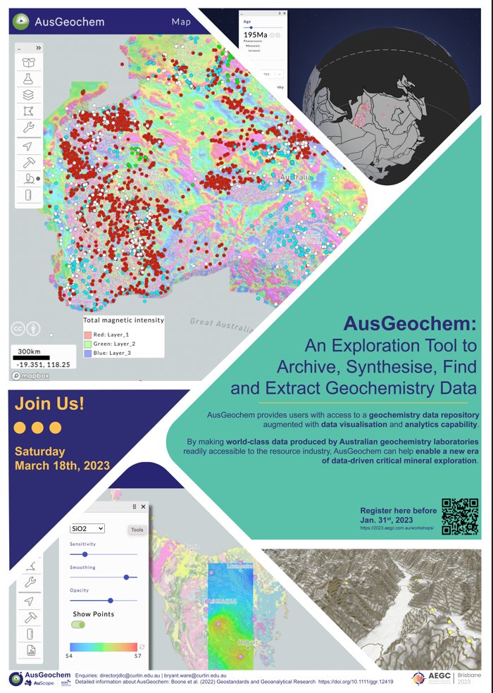 Join us at workshop: An Exploration Tool to Archive, Synthesise, Find and Extract Geochemistry Data; 
18/03/23 at #AEGC 
Register the workshop: lnkd.in/guhvpHfG before 31/01/23

#Data #DataScience #DataAnalytics #Geology #Mining #Workshop #Ausgeochem #University #Auscope