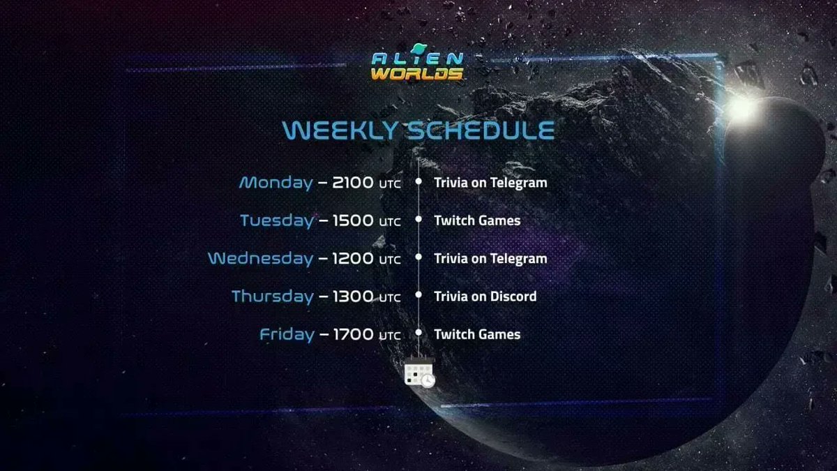AlienWorlds's tweet photo. A very Happy New Week to all the Explorers👽
out in the #AlienWorldsMetaverse🪐
📝Our daily Social Events are a great way to meet other Explorers or make friends in the #AWMetaverse and get chances to win exciting #AlienWorldsNFT🎁🎁
Join us for one or all🚀🚀
See you there👋🏻 https://t.co/SE1KfYZPtE