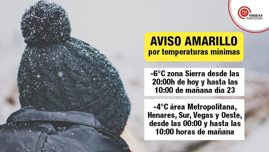 ❄️¡IMPORTANTE!
🌡 Por temperaturas mínimas de hasta -6°C, se amplía el aviso amarillo a toda la Comunidad de Madrid
#ASEM112  #Madrid112