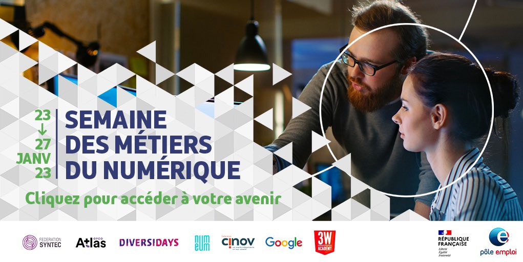 🗓️ Du 23 au 27 janvier, @pole_emploi et ses partenaires organisent la 5e Semaine des métiers du #numérique 📣

Ateliers, formations, conférences... de nombreux événements seront proposés sur tout le #territoire 🇫🇷

+ d'infos ➡️ pole-emploi.fr/actualites/la-… <a href="/Travail_Gouv/">Ministère du Travail</a> #TousMobilisés