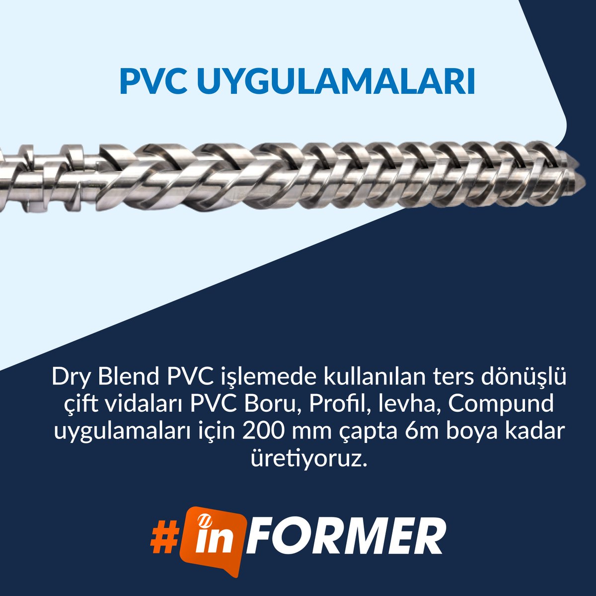 FormerMakine's tweet photo. Dry Blend PVC işlemede kullanılan ters dönüşlü çift vidaları PVC Boru, Profil, levha, Compund uygulamaları için 200 mm çapta 6m boya kadar  üretiyoruz. https://t.co/zwiLNGYncA