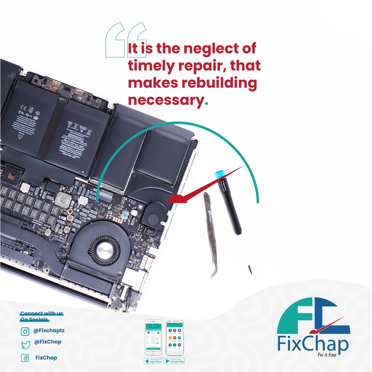 FixChap's tweet photo. “It is the neglect of timely repair, that makes rebuilding necessary”

- Richard Whately

Let FixChap do the repair’s TODAY.

#FixItFast #Fundi #mondaymotivation #fixchapapp https://t.co/9GRacynDU5