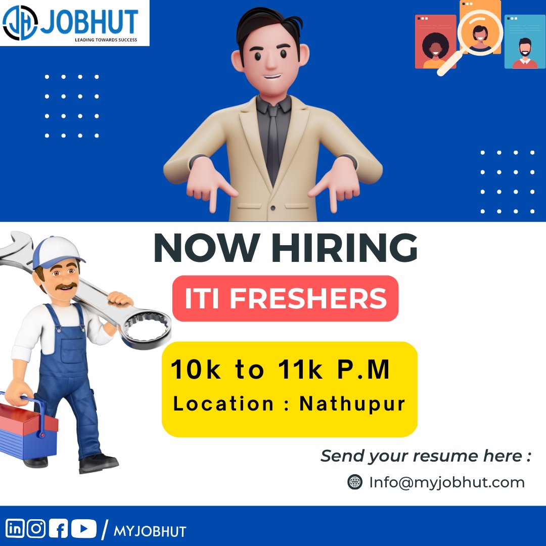 Comment 'YES' if are you are interested in applying!
#linkinbio !

Interested candidate can send their CV/Resume on:
📧 Info@myjobhut.com

#myjobhut #10thjobs #12thjobs #ITIJobs #itijobs #indiajob #indiajobs #iti #itijobsupdates #freshersjobs #fresher #freshers #fresherjob