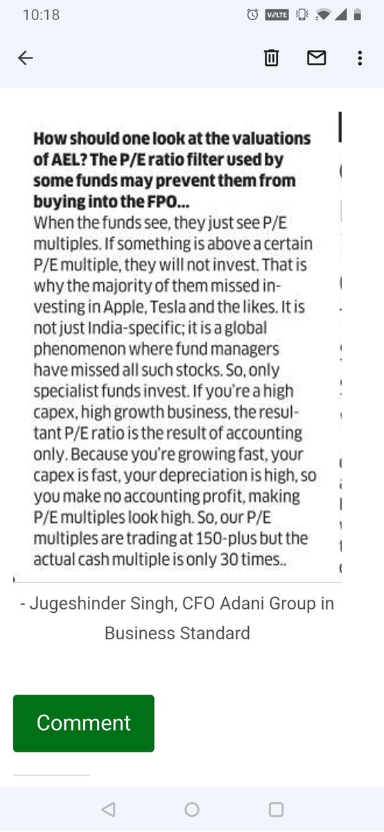 ThinkFundastick's tweet image. Typical brain-washing of the ignorants

Selling down institutional fund managers in a retail-read newspaper.

Being a CFO he doesn't tell that you shouldn't look at 'Operating cash flow' but you should look at 'Free Cash Flow' = OCF - capex

#StockMarketindia #ADANIENT
