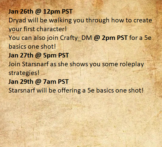Nat20Academy's tweet photo. We've got lots of classes to offer this week at #Nat20Academy! Join our discord to take a class or two https://t.co/TCJg2fdenE we love having new people around!
#DnD #TTRPGs #dnd5e https://t.co/Y5ESeca5xS