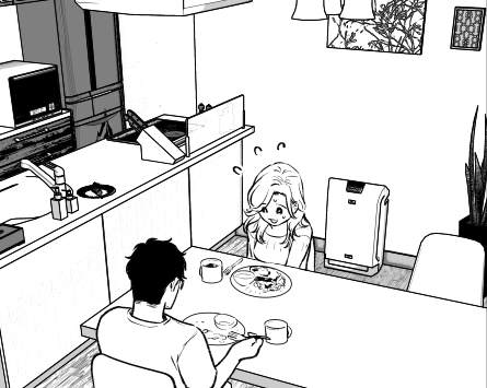 小さいコマだからこれは出力したまんまだけど、こうやってマイホームデザイナーの背景置いた後に、人物描くほうが合わせやすくて好き…(以前は人物描いたあとガチャガチャいじってて泣いてた) 