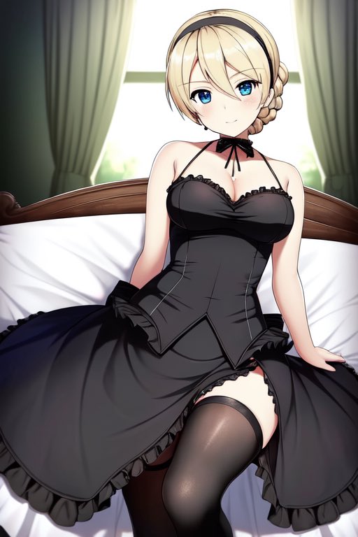 1girl arm support bangs bare shoulders bed black dress black thighhighs  illustration images