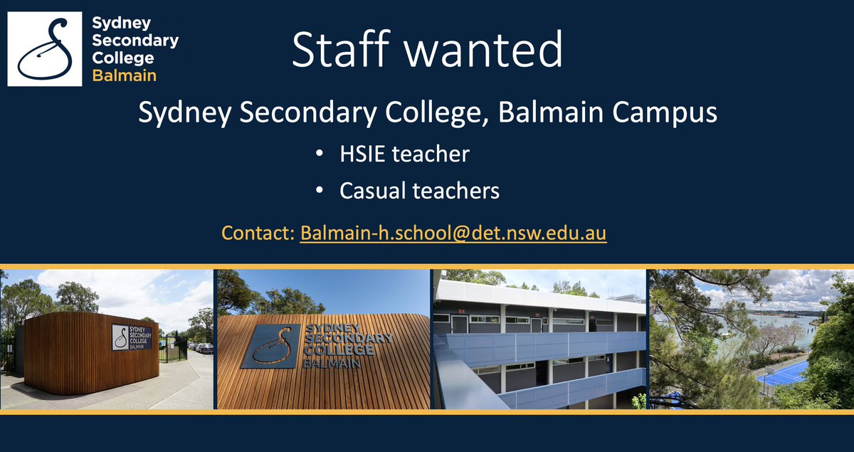 We are currently seeking a HSIE teacher at Sydney Secondary College Balmain. The load is currently junior Geography and History and 10 Commerce but there is some flexibility. Please contact the school email address: Balmain-h.school@det.nsw.edu.au