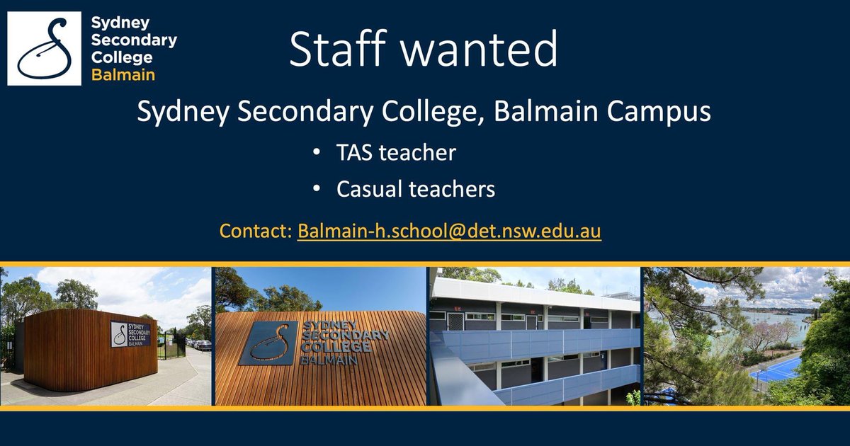 We are currently seeking a TAS teacher at Sydney Secondary College Balmain. The load is 7-10 TAS. Please contact the school email address: Balmain-h.school@det.nsw.edu.au
