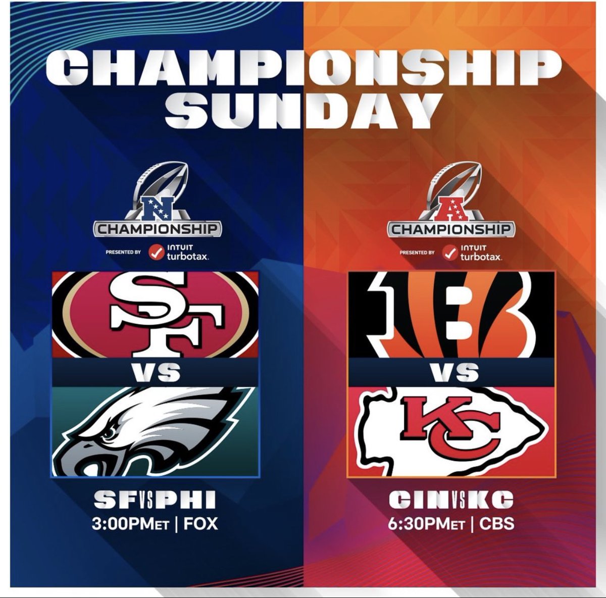 Called it. Lol. Next up;

Chiefs beat Bengals at KC if QB1 plays
If QB1 is out chances are lowered but still good.

Originally I had 49ers over Eagles this round, but after tonight, I have Eagles over 49ers at Philly with home field advantage.

Eagles VS KC in the SB. KC Wins it.