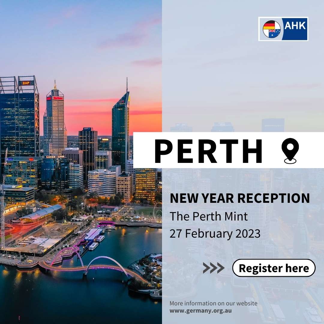 📆 We are excited to invite you to our #Perth New Year Reception on 27 February 2023!
It will be a wonderful evening connecting with other members from Western Australia at a stunning location!
🎟️ Register here: bit.ly/3JpguiL
#AHKAustralien #PerthEvents