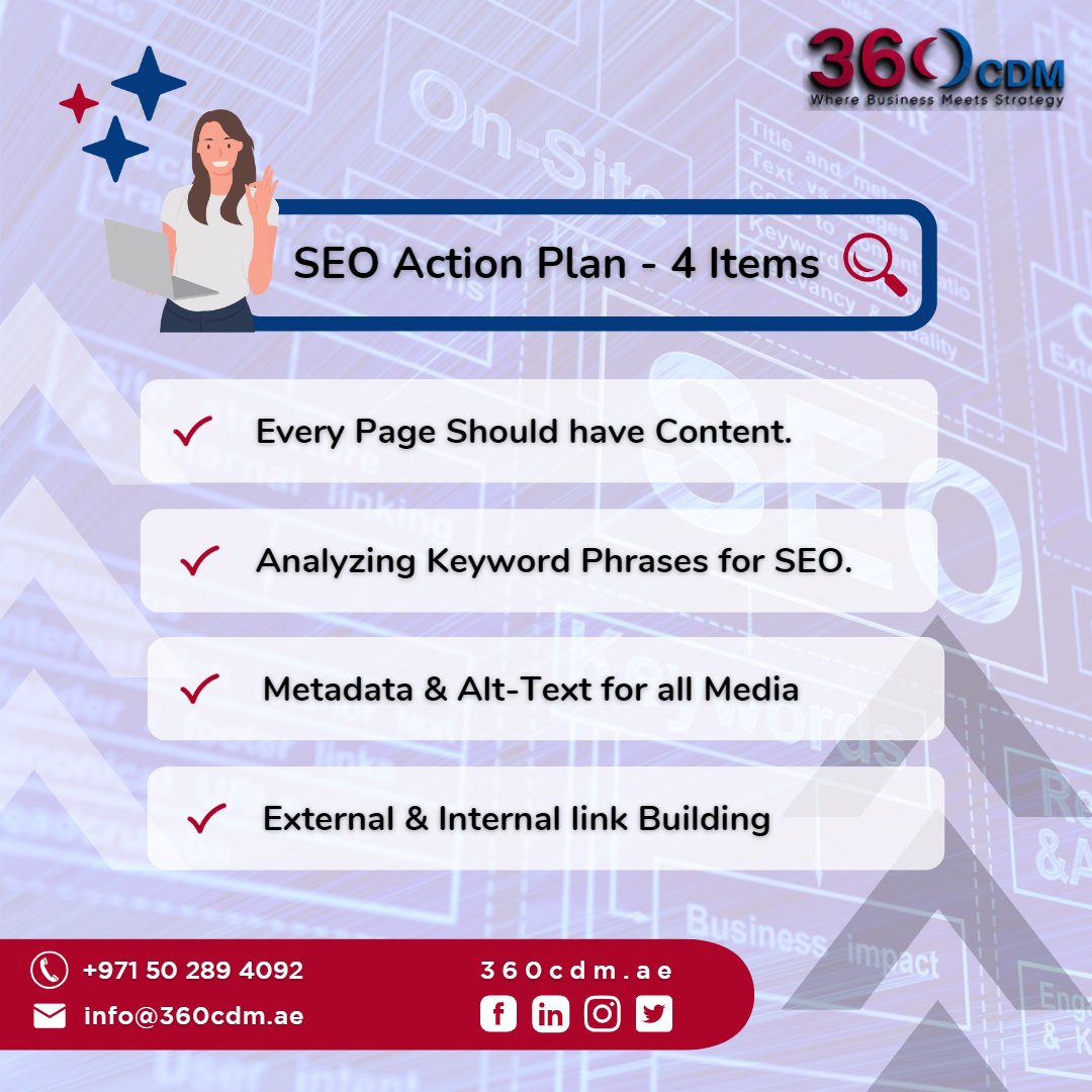 360Cdm's tweet photo. Your SEO Action Plan should include these four items 

Contact us for assistance:
+971 50 289 4092
info@360cdm.ae

#seoul #seo #seotips #seomarketing #marketing #marketingtips #marketingstrategy #marketing101 #digitalmarketing #digitalmarketingagency #digitalmarketingtips https://t.co/rhyvshNna7