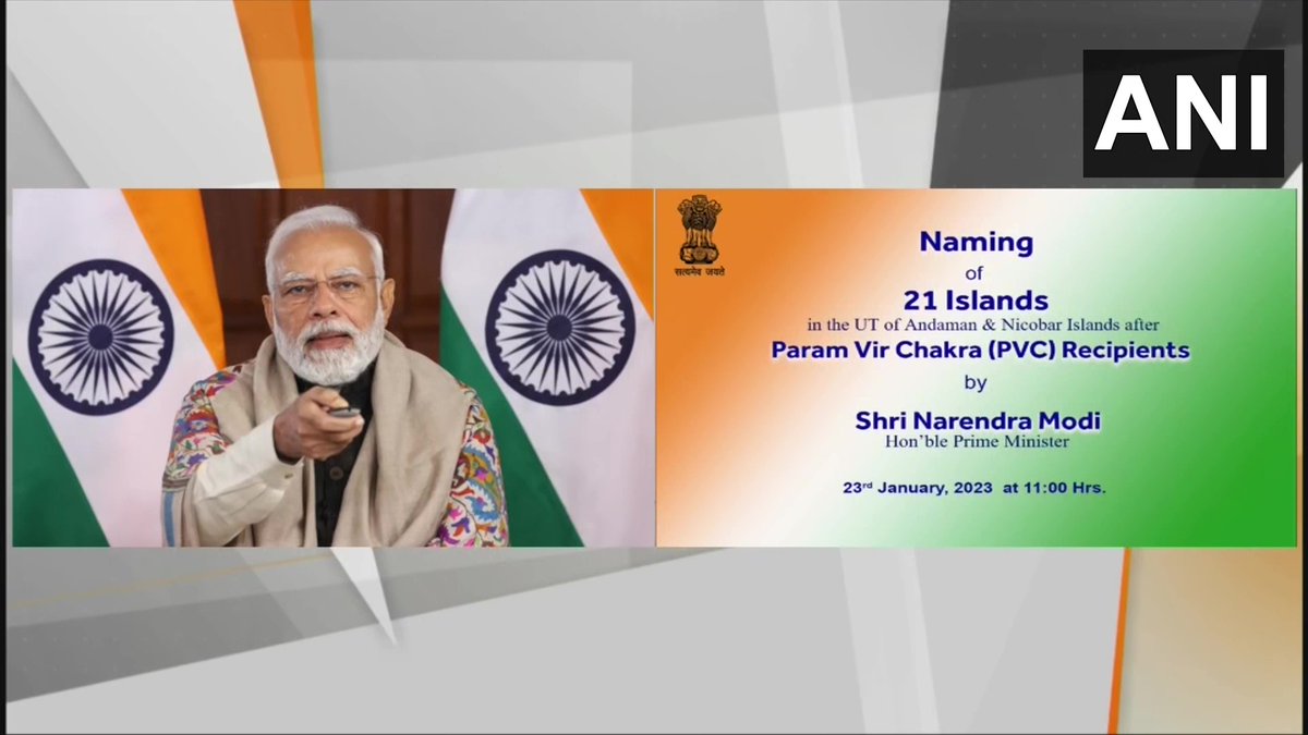 ANI's tweet photo. Prime Minister Narendra Modi names the 21 largest unnamed islands of Andaman &amp; Nicobar Islands, via video conferencing. https://t.co/MUEdMgF2ZL